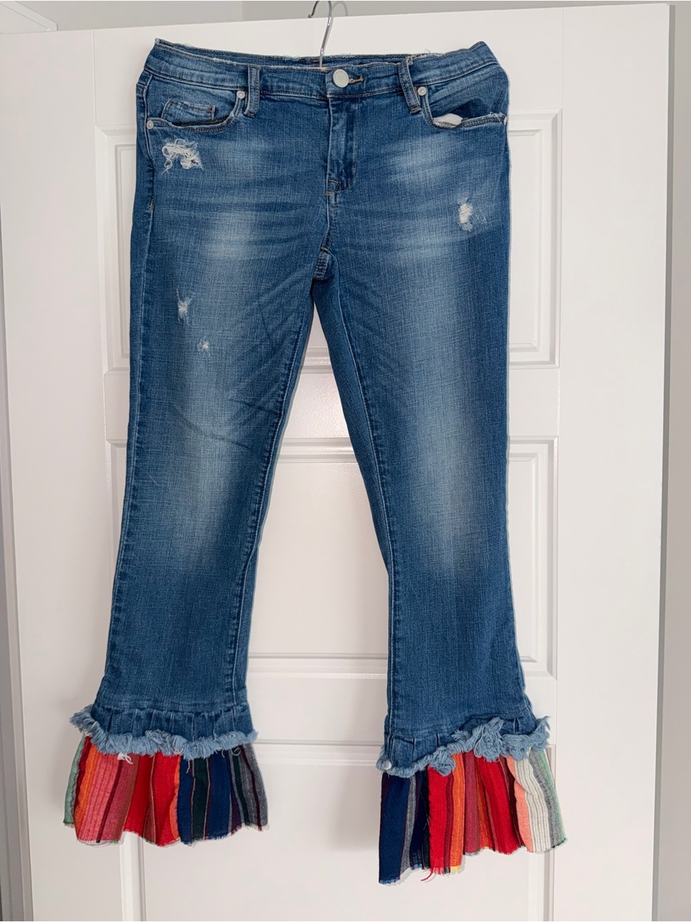 Blank NYC Blue Distressed Flare Jeans with Multicolor Ruffle Cuffs